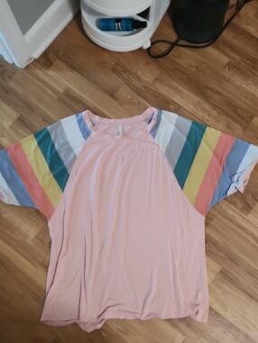 Womens Oversized Tunic Pink Rainbow Sleeve Tee